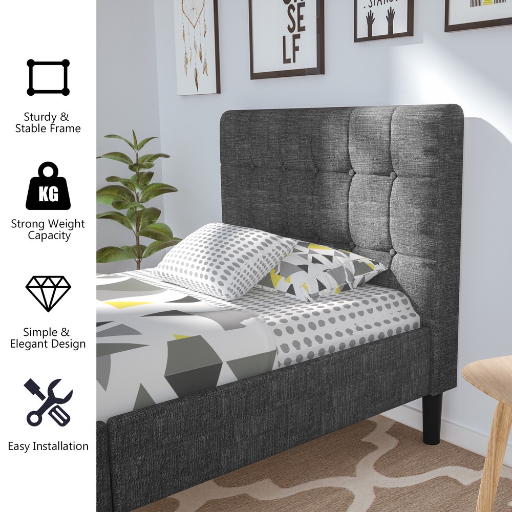 Costway Twin Upholstered Bed Frame Button Tufted Headboard Mattress Foundation