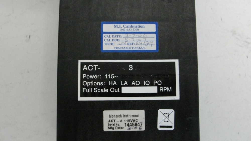 Monarch Instruments ACT-3 Digital Tachometer Panel Meter 115v