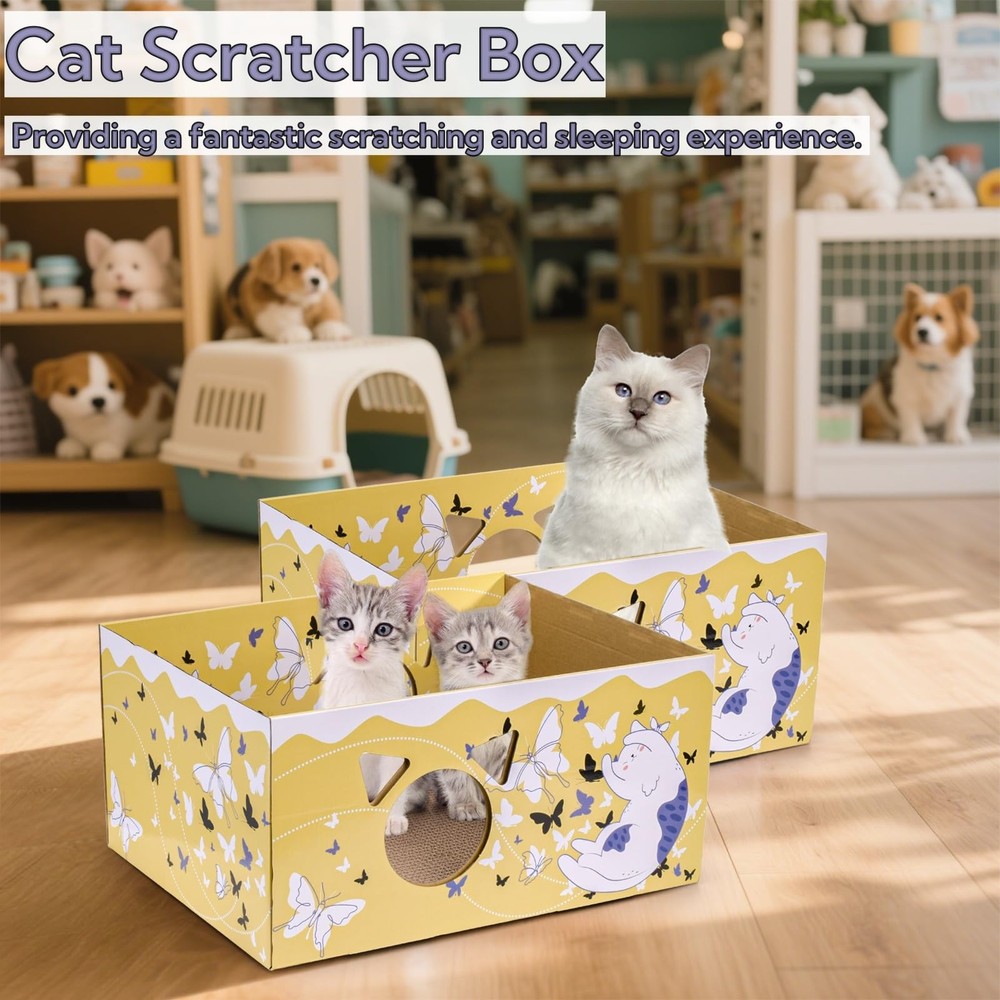 2 Pack Cardboard Cat Scratcher Box, Butterfly Pattern Cat Hideaway House with...