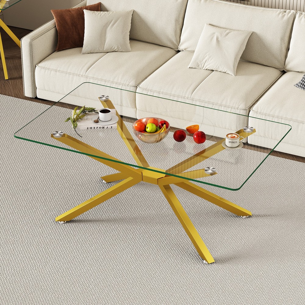 39.37" Rectangular Clear Tempered Glass Coffee Table,Stylish Design with Gold