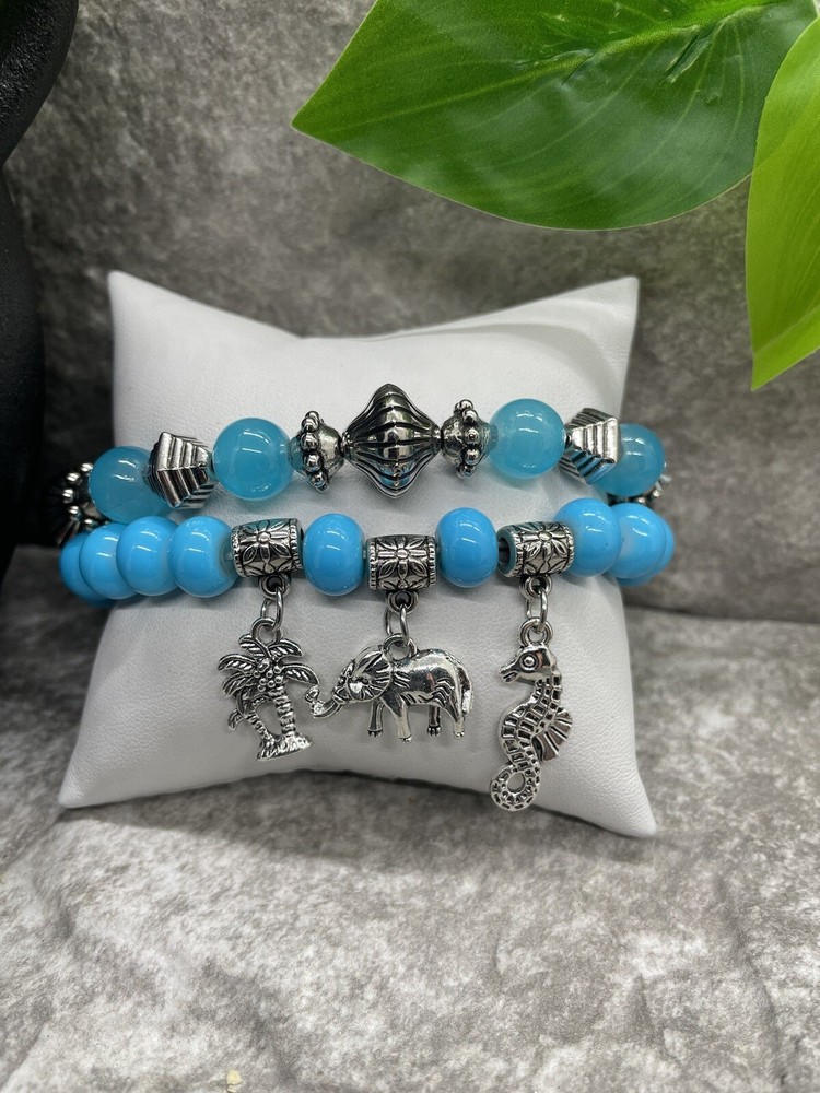 2 PC Handmade Boho  Beaded Stackable 8” Plus Stretch Bracelet Set New B1240