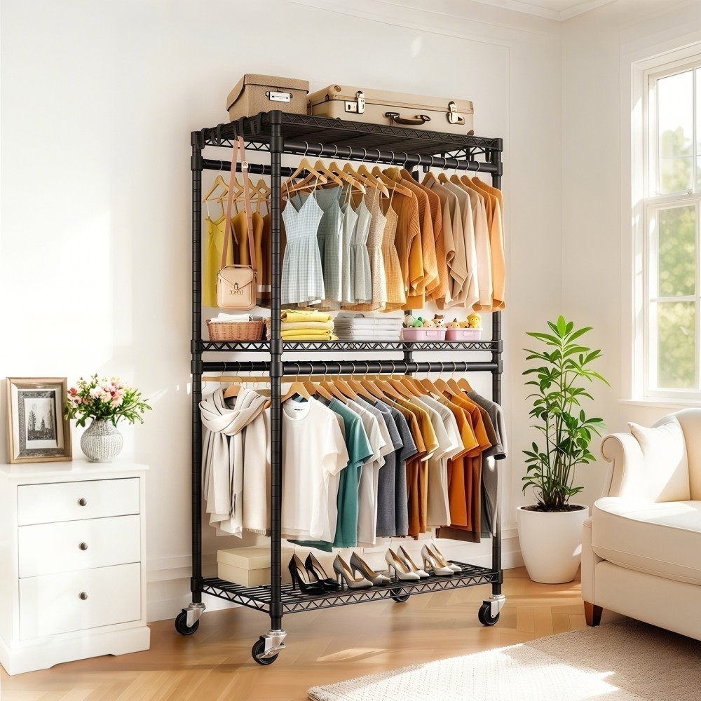 3 Tiers Rolling Clothes Rack with 2 Clothes Rails and Side Hooks, Black