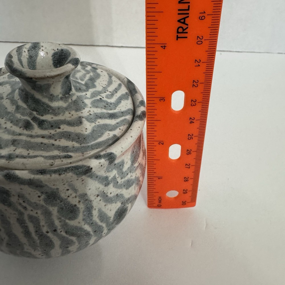 Studio Pottery Lidded Jar Signed 1987 Hand Thrown Ceramic Blue Gray Speckled
