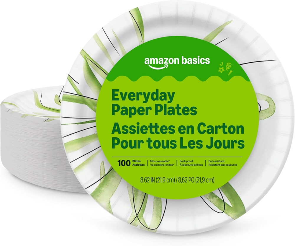 Amazon Basics 100 Disposable Paper Plates 8.62" Durable Everyday Use Value Pack