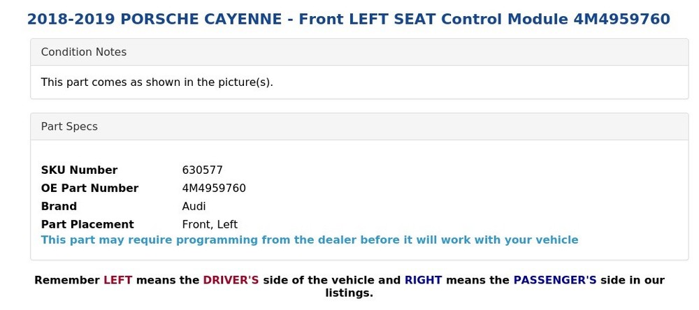 2018-2019 PORSCHE CAYENNE - Front LEFT SEAT Control Module 4M4959760