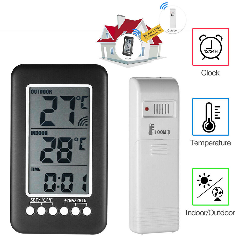 Digital Thermometer Clock Temperature Wireless Transmitter Meter Indoor/Outdoor