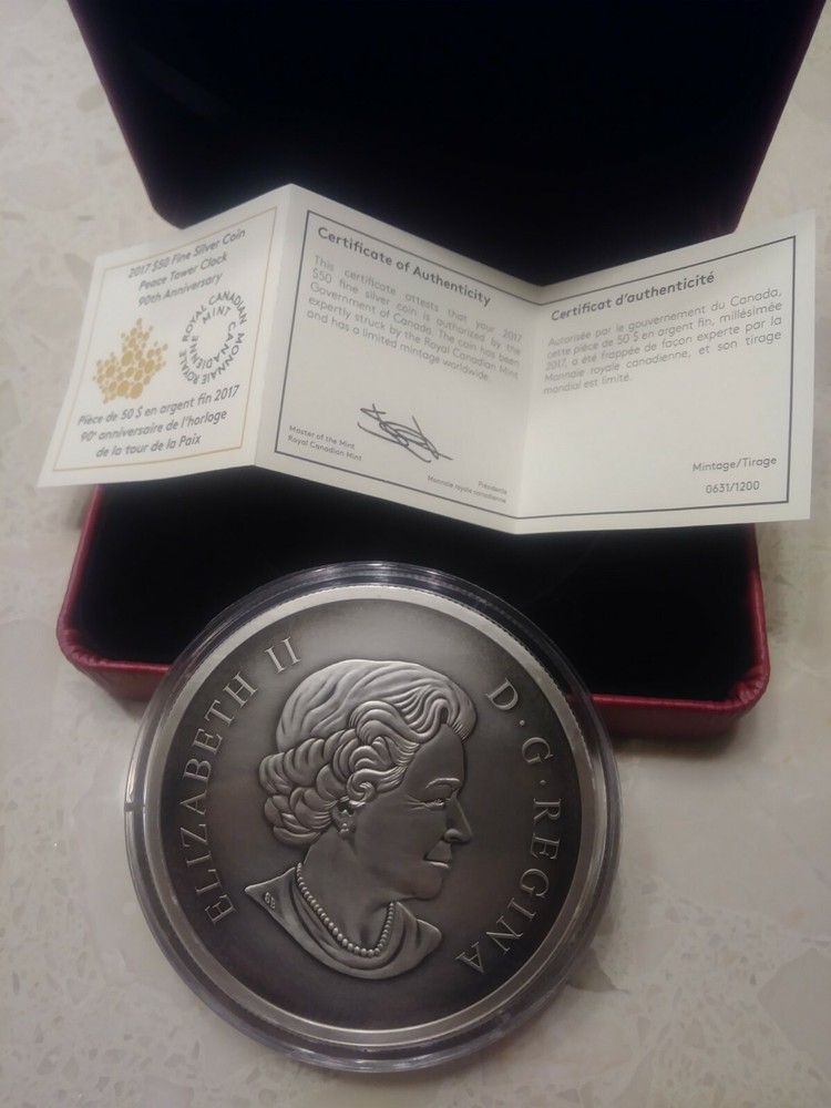 2017 CANADA PEACE TOWER CLOCK 90TH ANNIVERSARY 5oz SILVER COIN $50