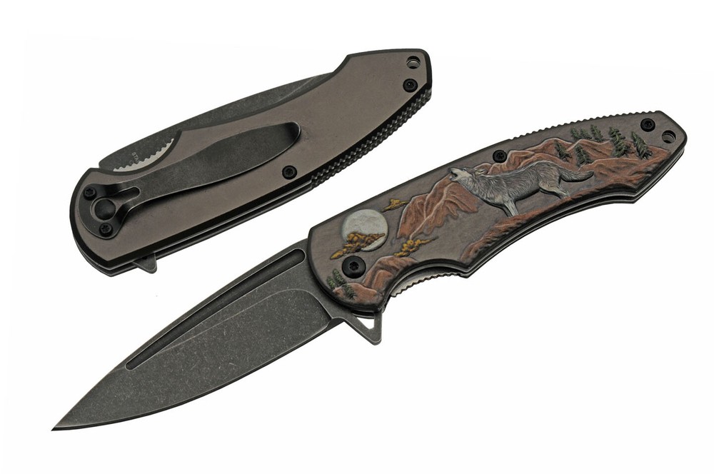 Spring-Assist Folding Knife | 3.25" Stone Gray Blade Timber Wolf Wilderness