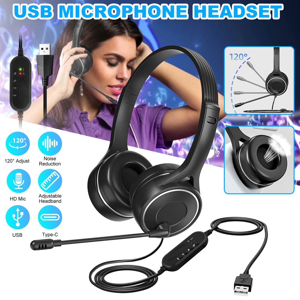 USB Wired Headset Microphone Headphone Noise Reduction Computer for PC Chat Call