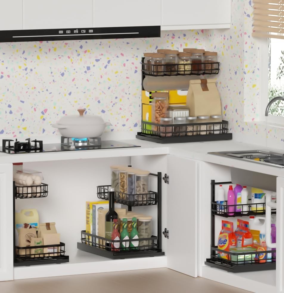 Under Sink Organizer Adjustable Height Pull-Out Kitchen Storage