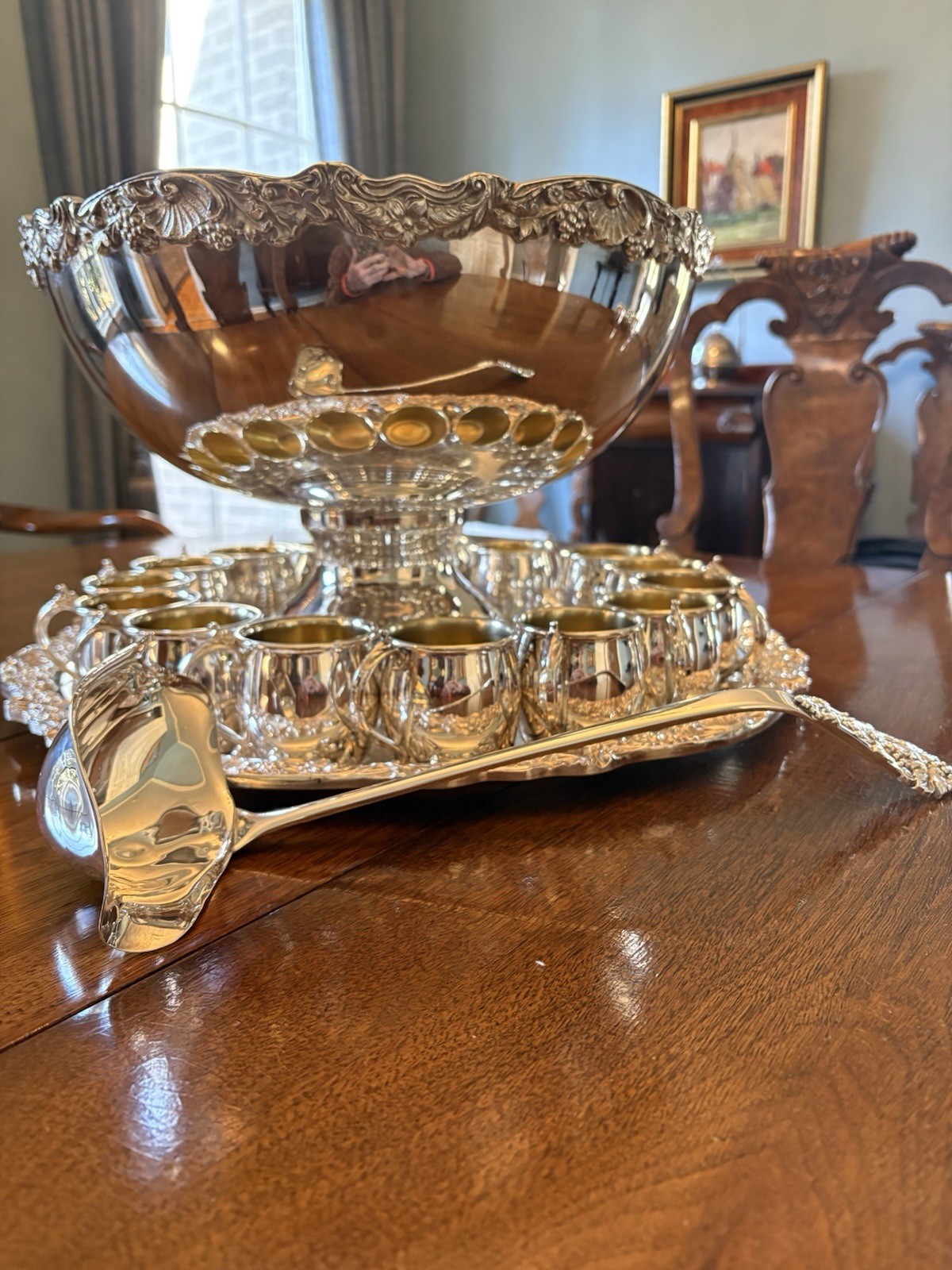 Towel Silverplate Punchbowl, Tray, Ladle, Punch Cups
