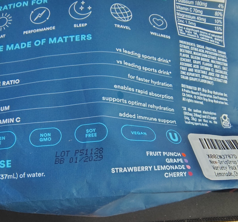 64 ASSORTED FLAVOR Drip Drop Hydration Drink Packets Grape, Watermelon ect