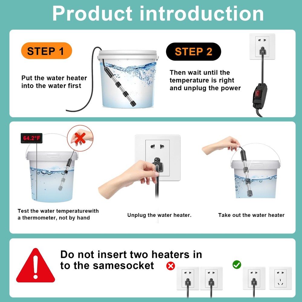 2000W Immersion Bucket Heater, Bathtub Heater, Heat 5 Gallons of Water in Min...