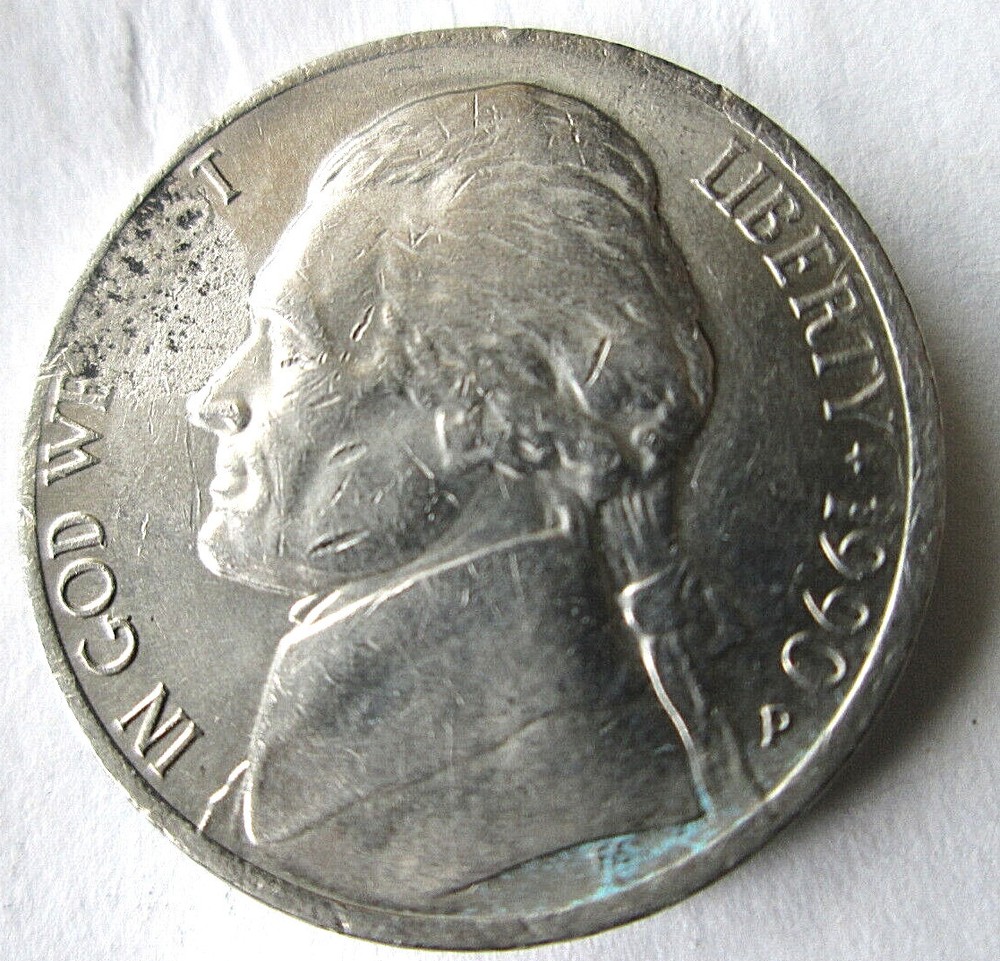 1990-P JEFFERSON, OBVERSE GREASE STRIKE ERROR "TRUST", XF CONDITION, CIRCULATED