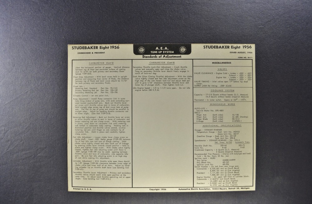1956 Studebaker V8 Tune Up Chart Hawk President Commander Excellent Original 56