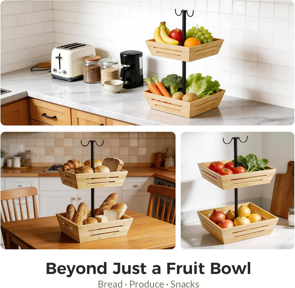 Bamboo Fruit Basket: 2-Tier Vegetable Storage with Banana Holder, Kitchen Counte