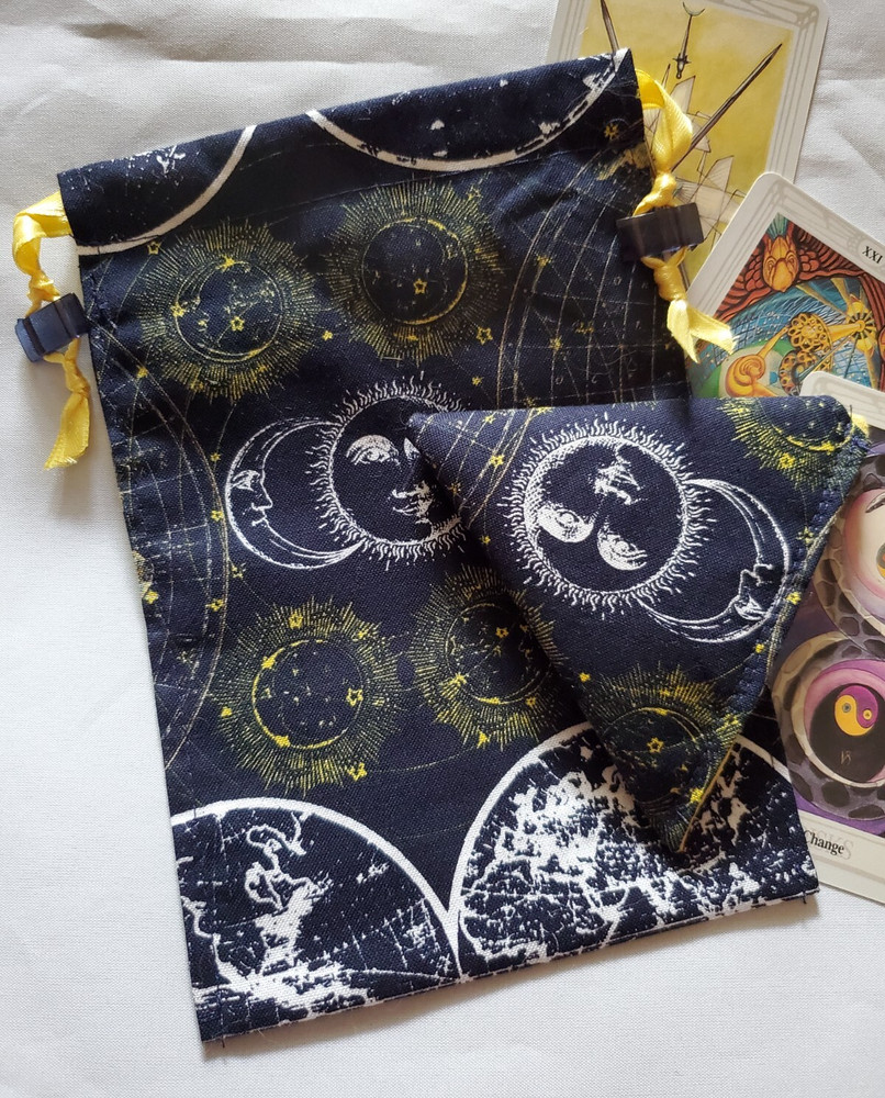 Tarot/Oracle Card Drawstring Bag Handmade Navy Celestial PLUS Crystal Pouch