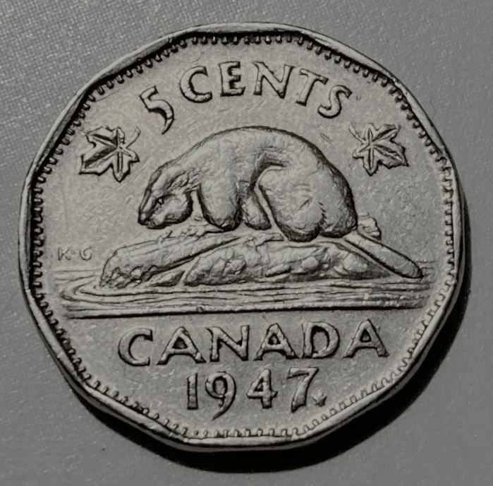 1947 Canada Five Cents, Dot Variety, Clear Maple Leaf, Not a Dot
