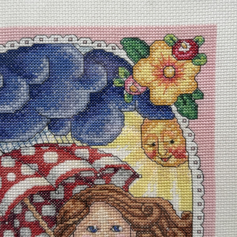 Completed Mary Engelbreit SUNSHINE & SHADOWS Cross Stitch Framed Dimensions