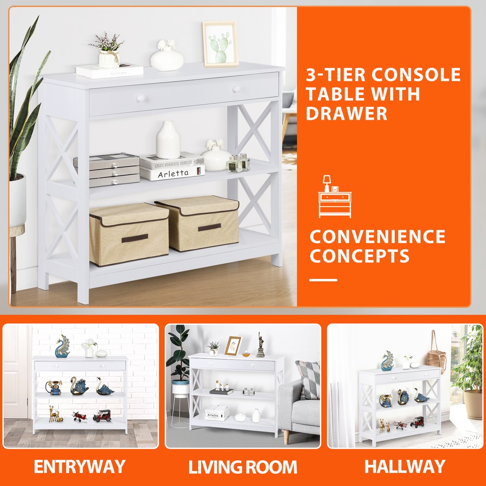 3 Tiers Console Table w/Drawer Storage Shelf Black Sofa Table Hallway X Shaped