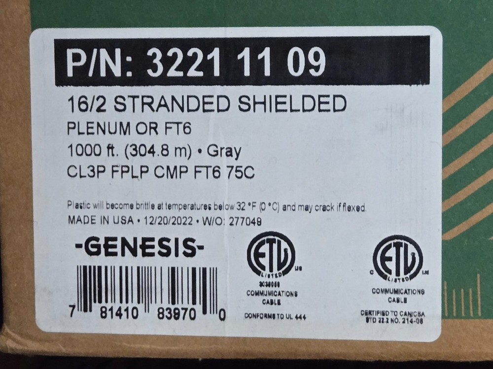 Genesis 32211109 16/2 Stranded Shielded Plenum Cable 1000 FT