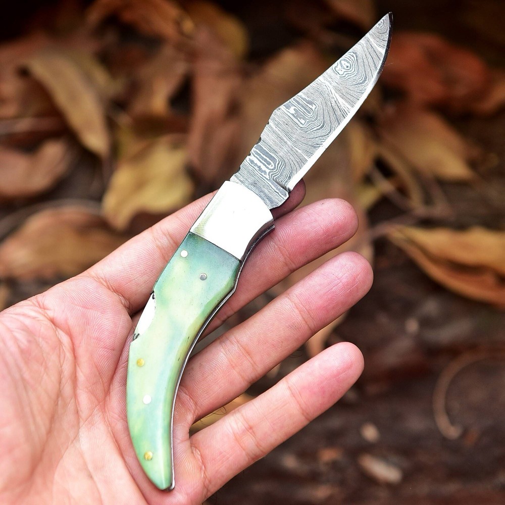 Real Damascus Steel Foldable Blade Pocket Knife Original Camel Bone Handle