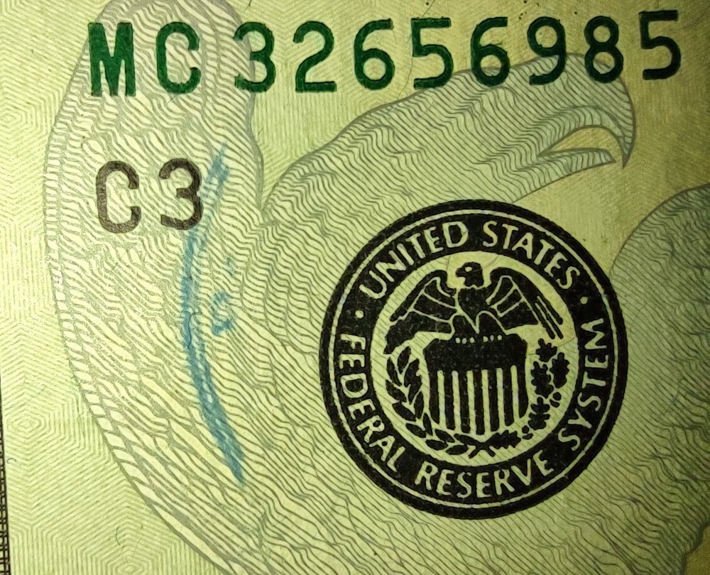 TWENTY DOLLAR FRN WITH UNUSUAL PRINTING ERROR.