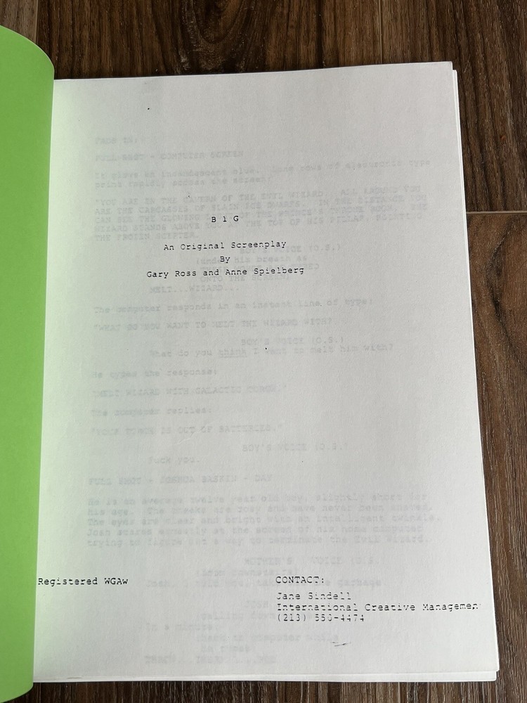 Tom Hanks BIG Original Fox Spec Script Gary Ross Anne Spielberg Rare Screenplay