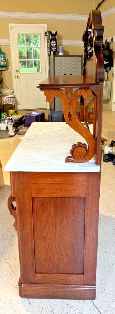Antique Marble Top Victorian Walnut Carved Server Sideboard Buffet Cupboard