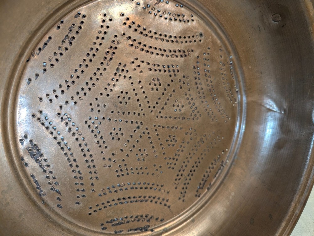 Vtg 12" Copper Plated Spider Web Pattern Colander Strainer Sifter Farm House