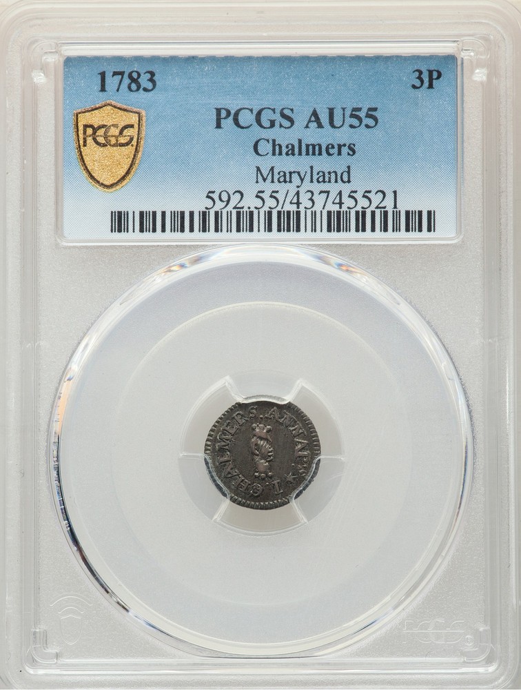 1783 CHALMERS 3PENCE PCGS AU 55