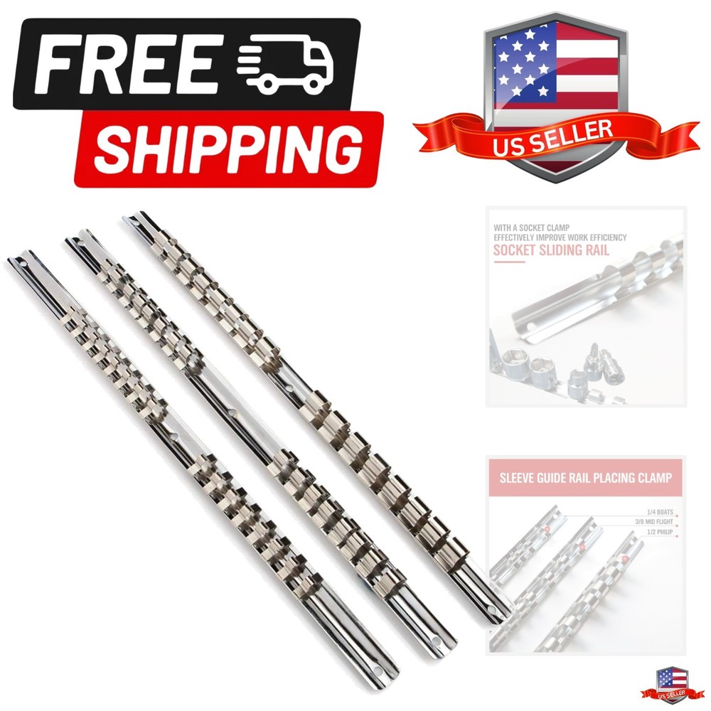 Socket Organizer Set, 3-Piece Metal Socket Holders/Socket Sliding Rail, 1/4-I...