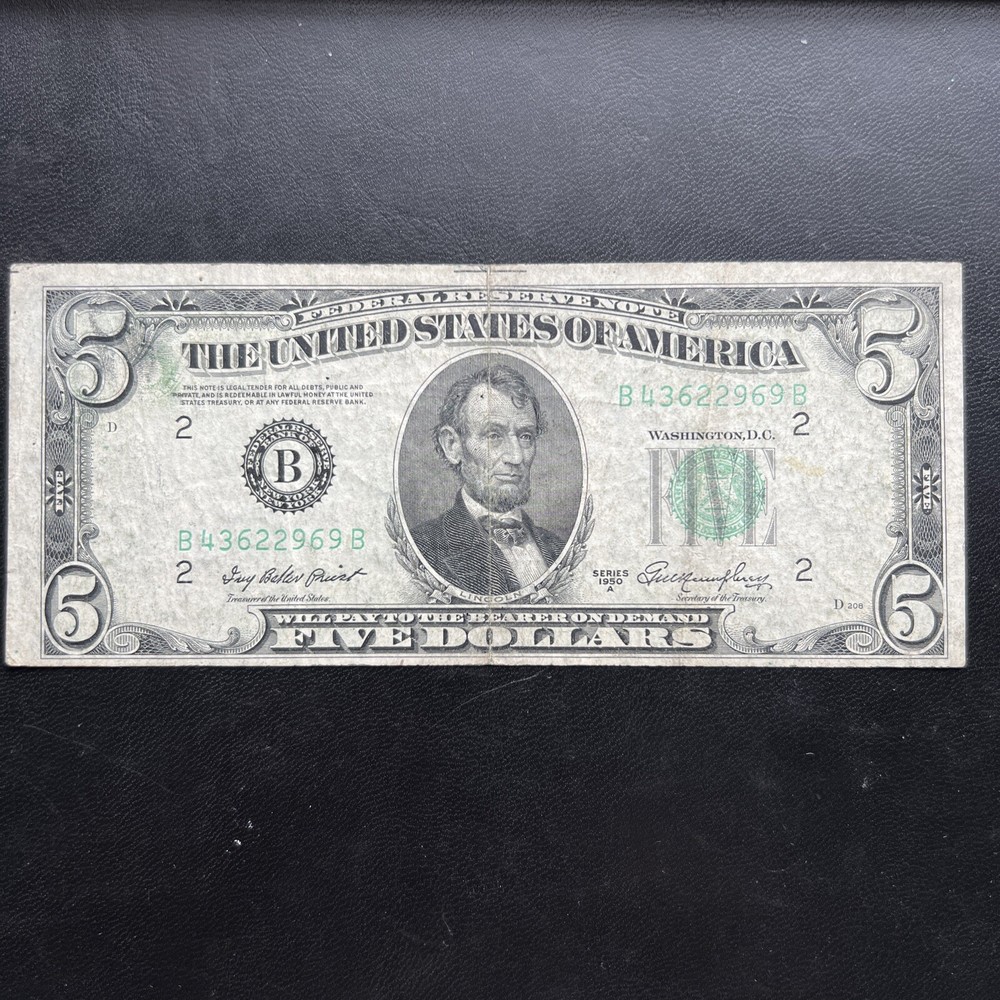 1950-A $5 ERROR NOTE ✪ PRINTING ON REVERSE ✪ OFFSET TRANSFER - Rare!