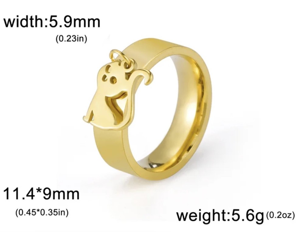 Silver Stainless Steel Band Ring with Cat Charm