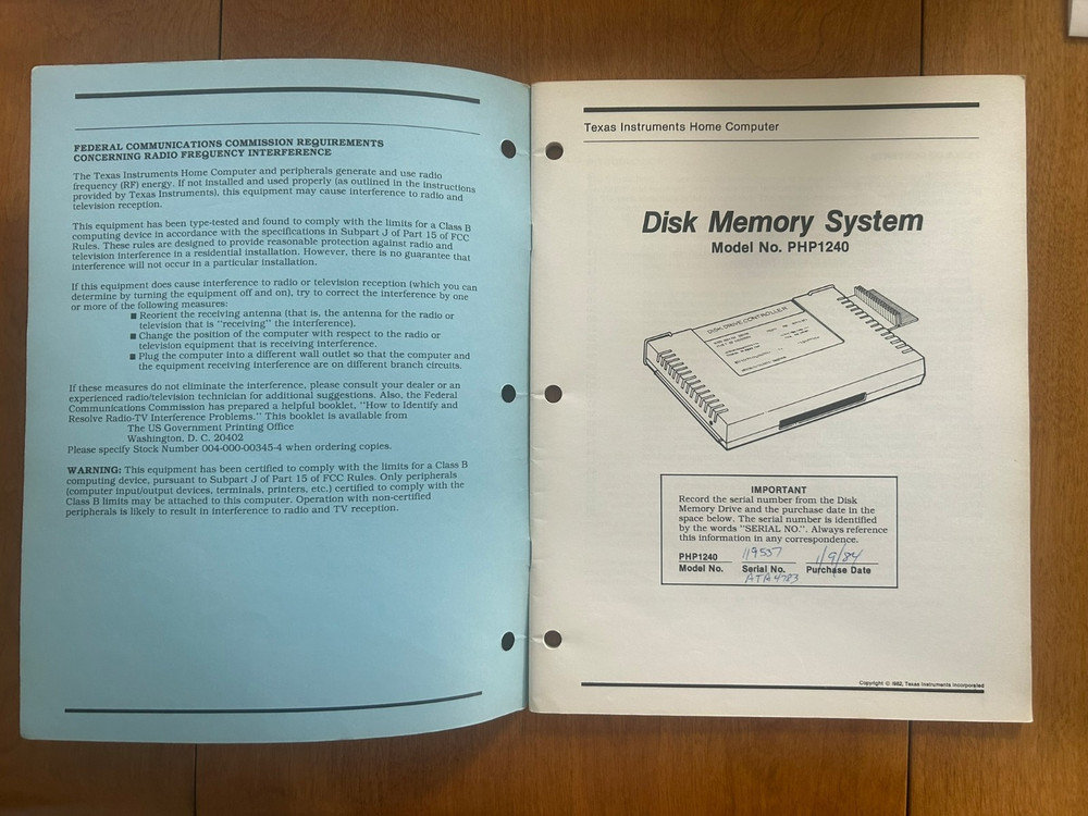 Vintage 1983 TI Disk Memory System Model No. PHP1240 Manual