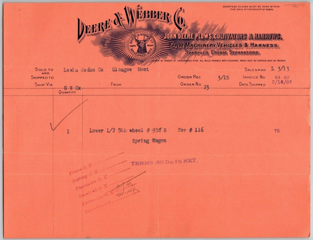 Scarce 1907 John Deere / Deere & Webber Receipt - Spring Wagon 5th Wheel #116