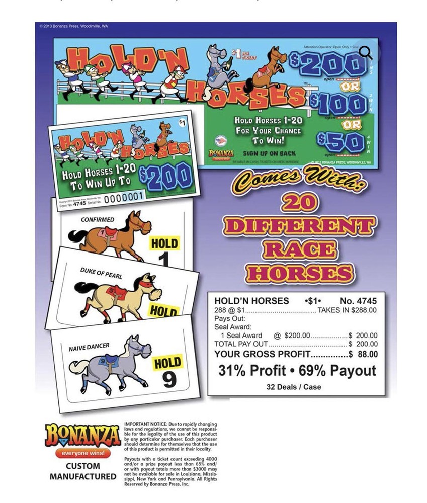 Pull Tab - Hard Card - Game - Hold'n Horses 200 -  288 ct