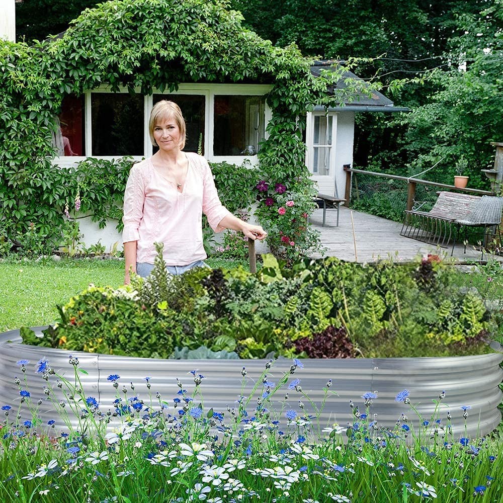 2Pcs Galvanized Raised Garden Bed Kit, Galvanized Planter Oval Large Metal Ra...