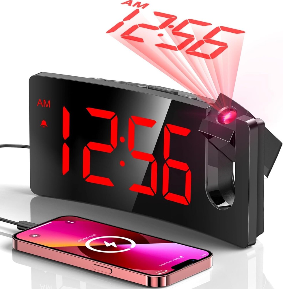 Red Digital Projection Alarm Clock With Usb Charging Large Easy Read Display