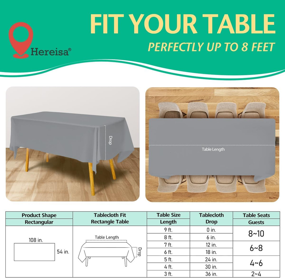 Disposable Silver Plastic Tablecloth 54X108 Inch, 10-Count Waterproof Rectangle