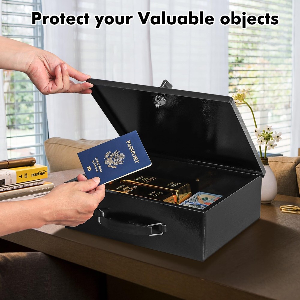 KYODOLED Fireproof Document Box with Key Lock, Small Medium, Black-M-Key Lock