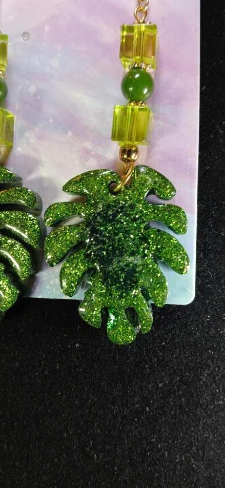 Sparkling Green Leaf Shaped Resin Earrings