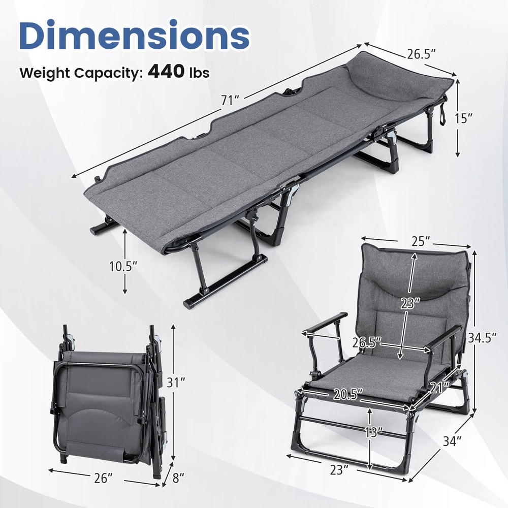 Folding Camping Cot w/Mattress 6 Backrest Positions Head Pillow Foldable Armrest