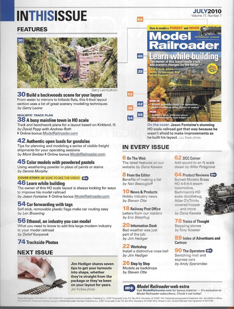 Model Railroader July 2010 Forest River Benchwork Gondola Loads Backdrop Ethanol
