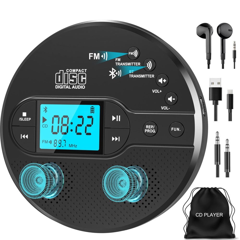 Portable CD Player with Bluetooth, FM Transmitter, Rechargeable, Anti-Skip, LCD