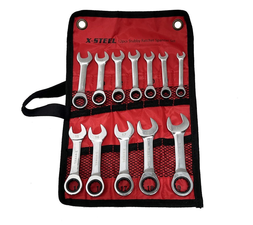 Expert Cr-V Chrome Stubby Ratchet Combination Ring Open Spanner 8-19mm 12pc Set