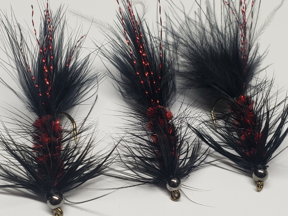 Woolly Bugger Black with Red Flash Bead Head Size 6 (per 3)