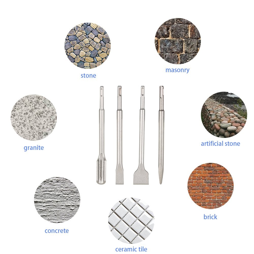 4 Pack Durable SDS Plus Chisel Bits -Flat Chisel Grooving Chisel & Point Chisel