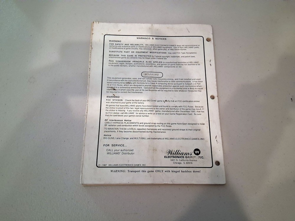 Original Williams Big Guns Pinball Machine Manual