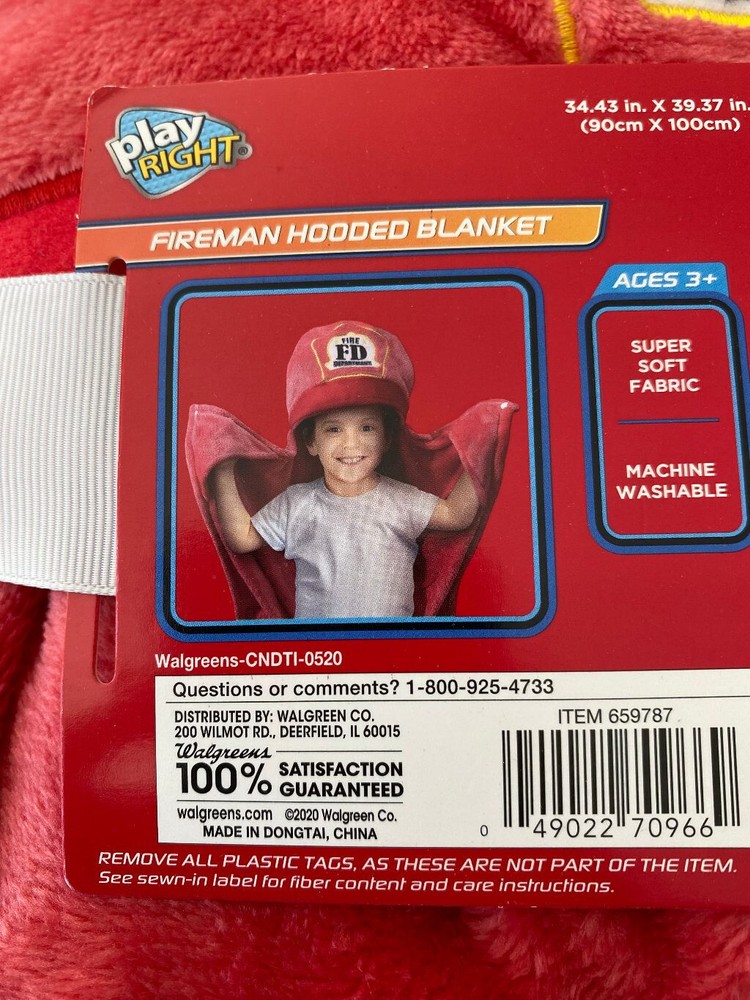 Play Right Fireman Super Soft Hooded Blanket New